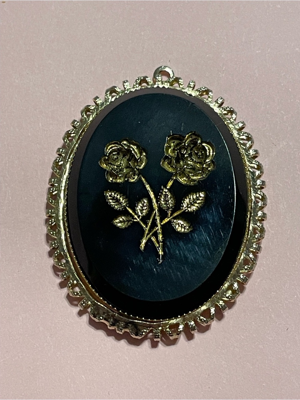 Double Golden Rose Black Glass Etched Carved Vintage Pendant #9006